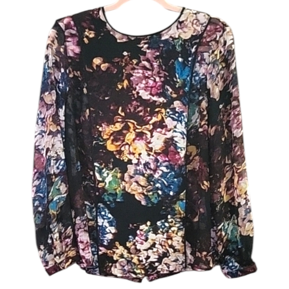 NWOT- Who What Wear Floral Sheer Long Sleeve Top w Back Button Detail Size XL